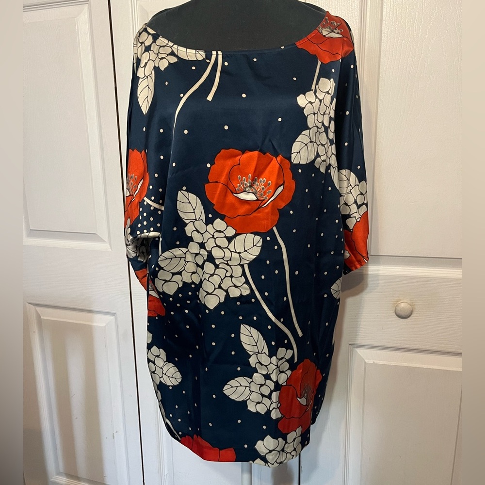 Paul & Joe Navy Long-Sleeve Silk Dress with Red Floral Print